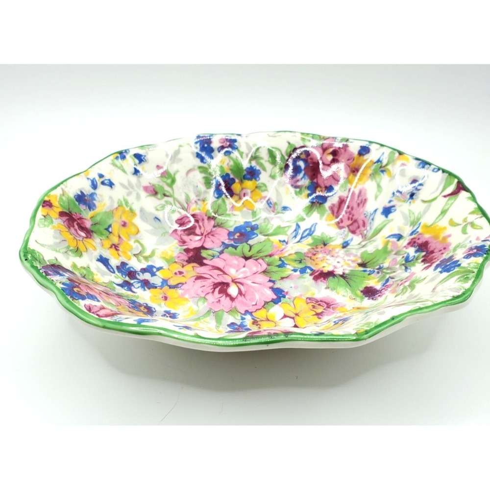 Vintage Midwinter Chintz England 'BRAMA' Scalloped Dish Green Trim Floral